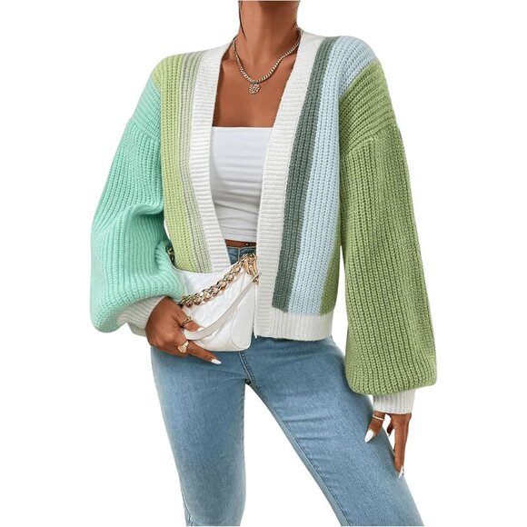 Women's Color Block Cropped Cardigan Ribbed Knit Long Sleeve Open Front - Picture 4 of 6